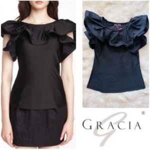 Gracia black stretch ruffled top size L